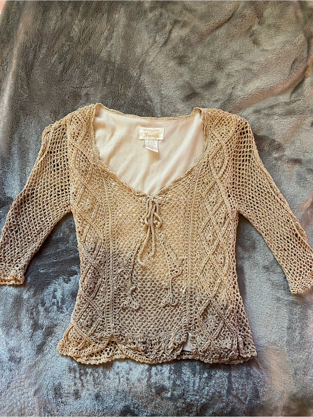 Beige Crochet Tie-Front Knit Top
